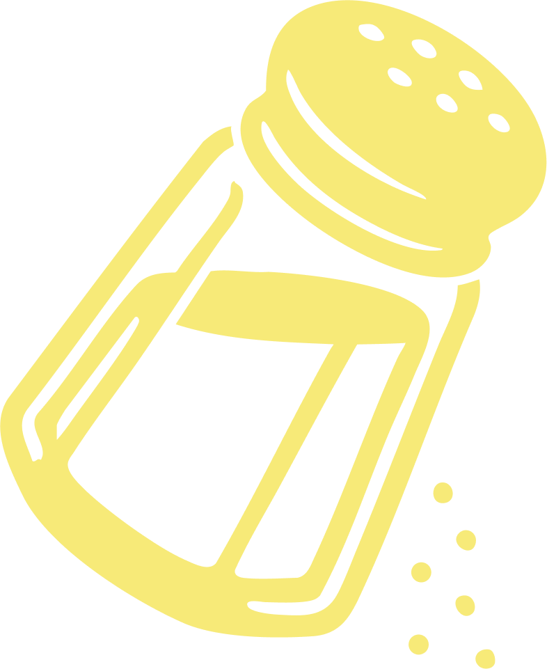 Yellow illustration of a tilted salt shaker with speckles representing salt pouring out.