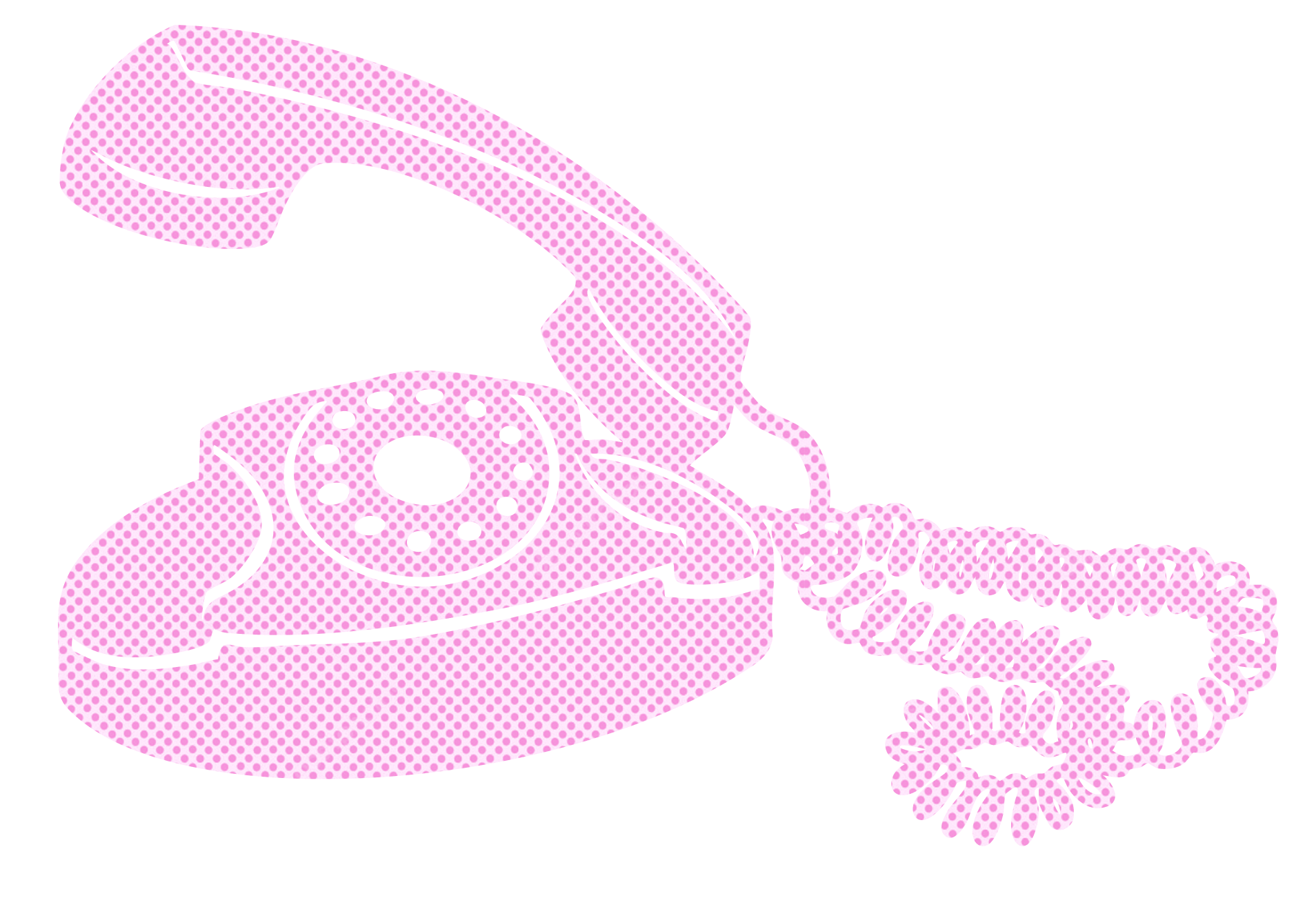 Pink polka dot rotary phone illustration on black background.