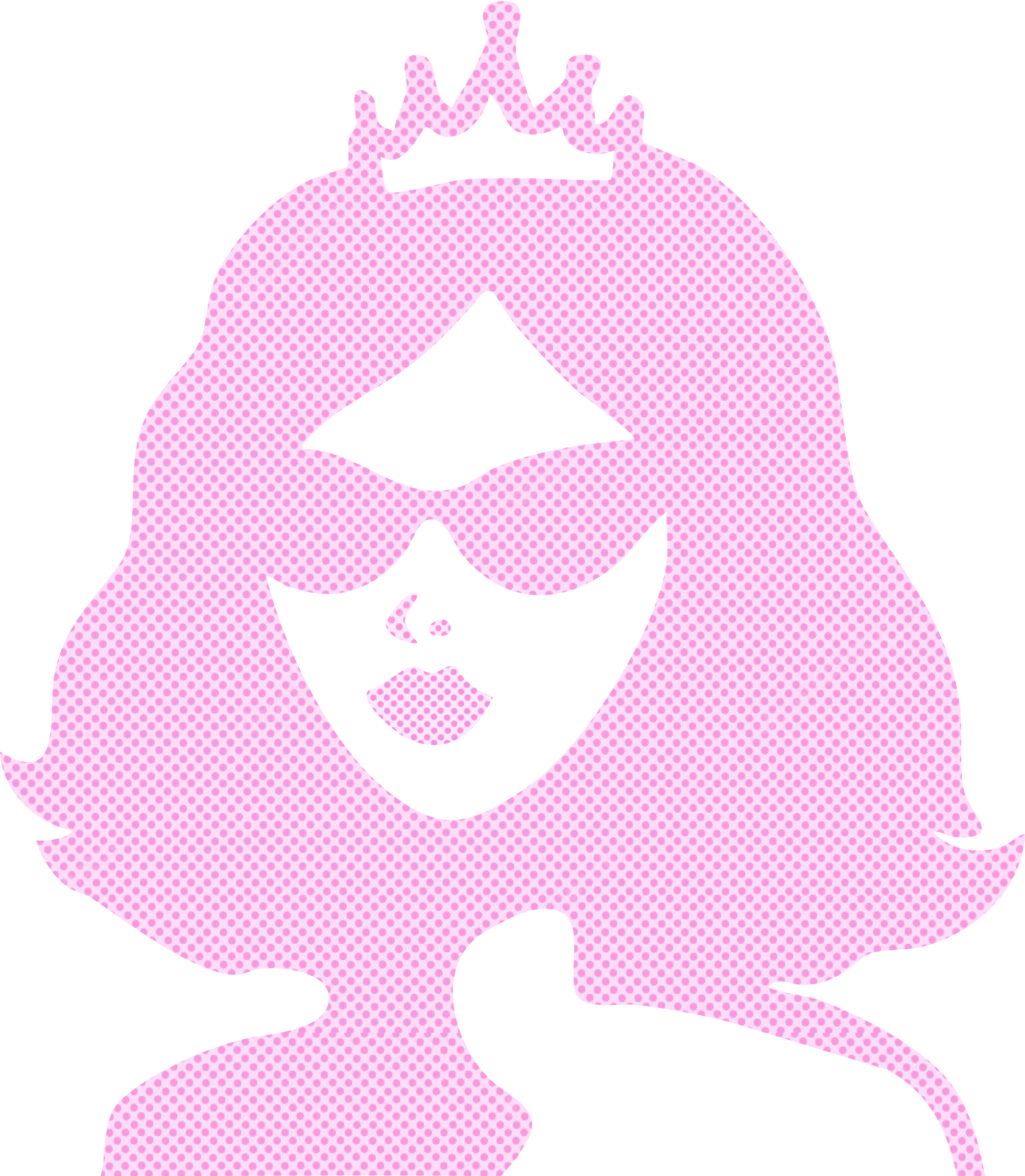 Pop art-style silhouette of a woman with a crown and sunglasses, in pink and black, with a dotted pattern background.