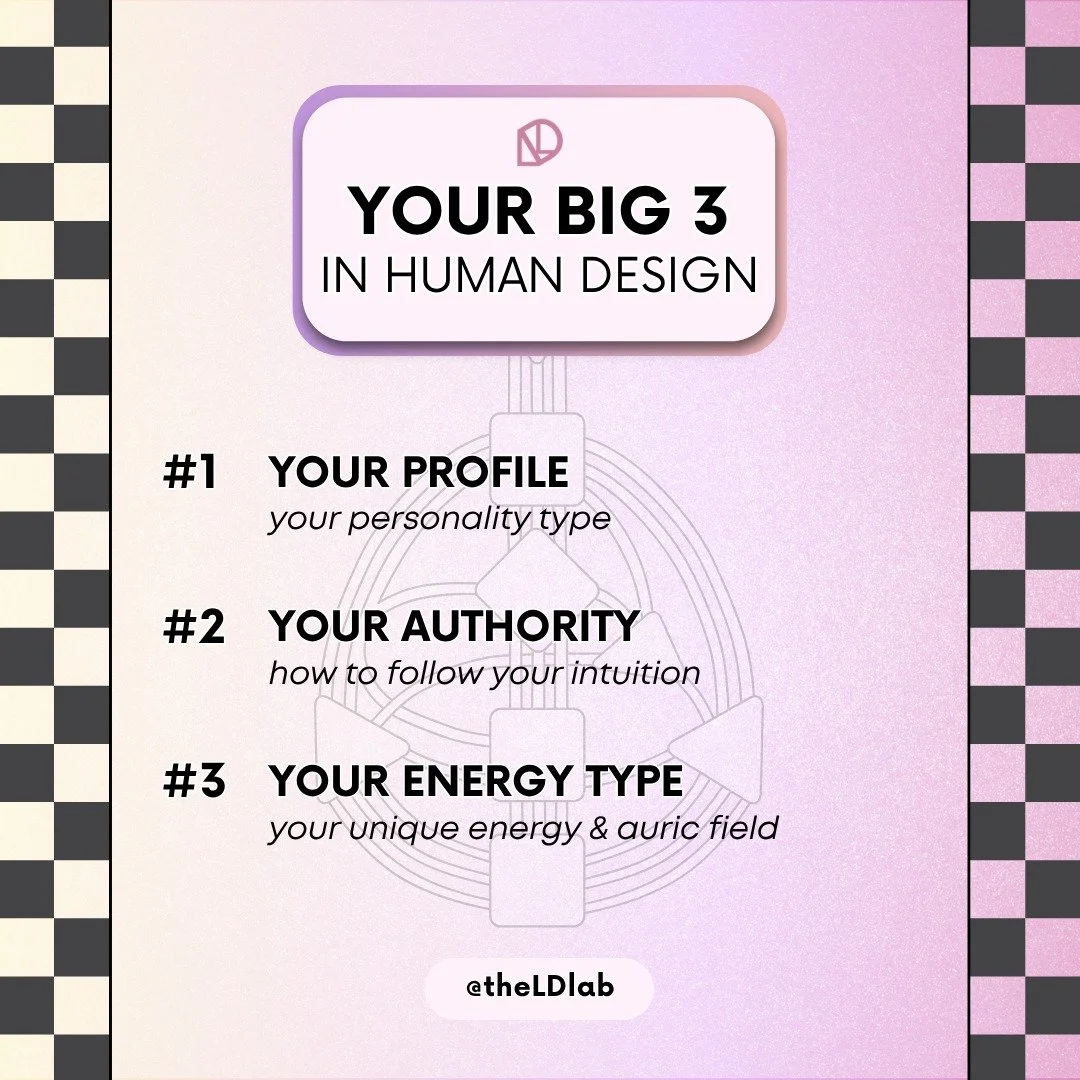have you heard of your BIG 3 IN HUMAN DESIGN? 💟
your PROFILE, AUTHORITY, &amp; ENERGY TYPE are your BIG 3 in HD that describes your unique personality, intuition, &amp; energetic field 🌈 ✨

shoutout to my HD mentor @leahmccloud for creating the con