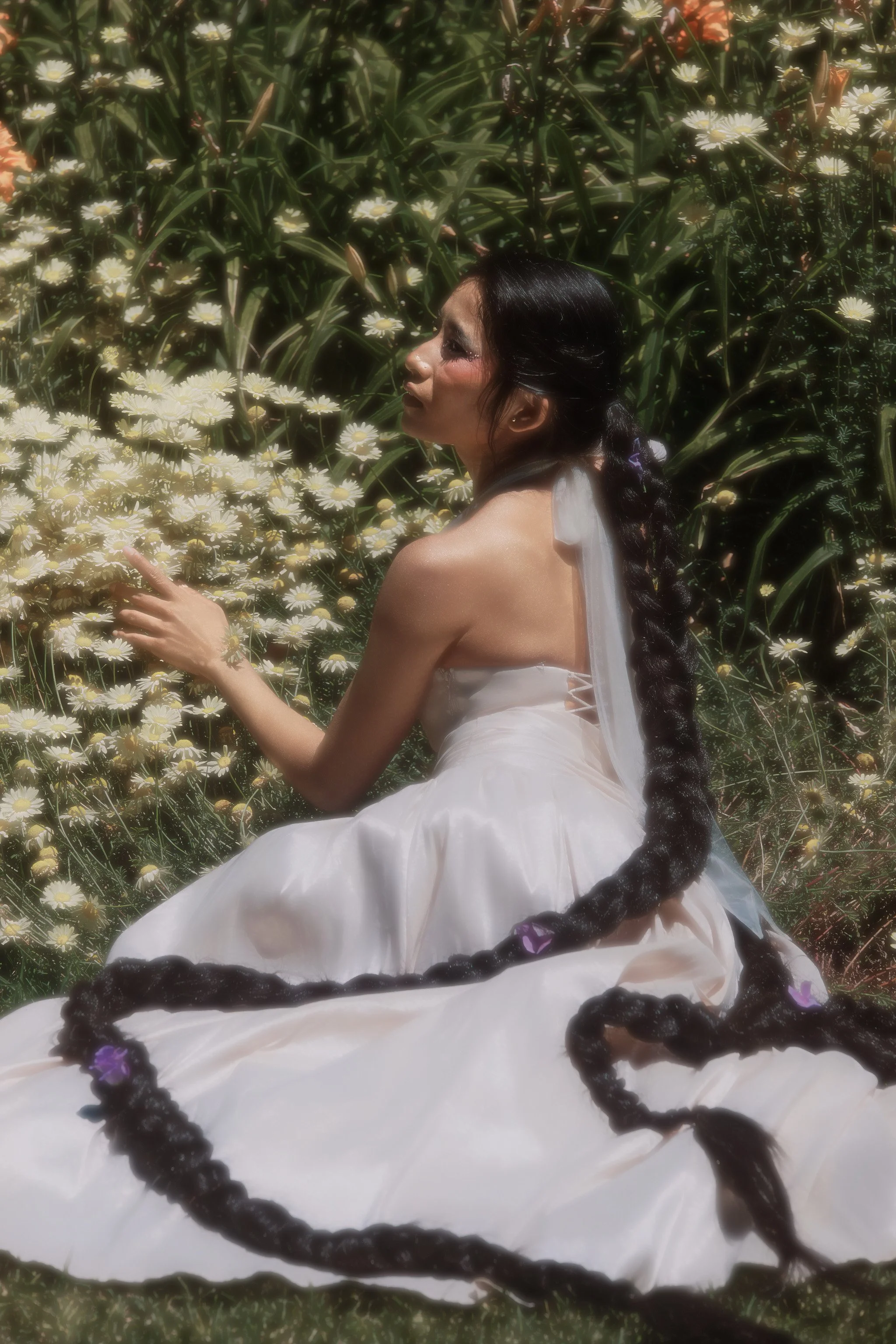 Woman with long flowing hair in plaits in a field with daisies