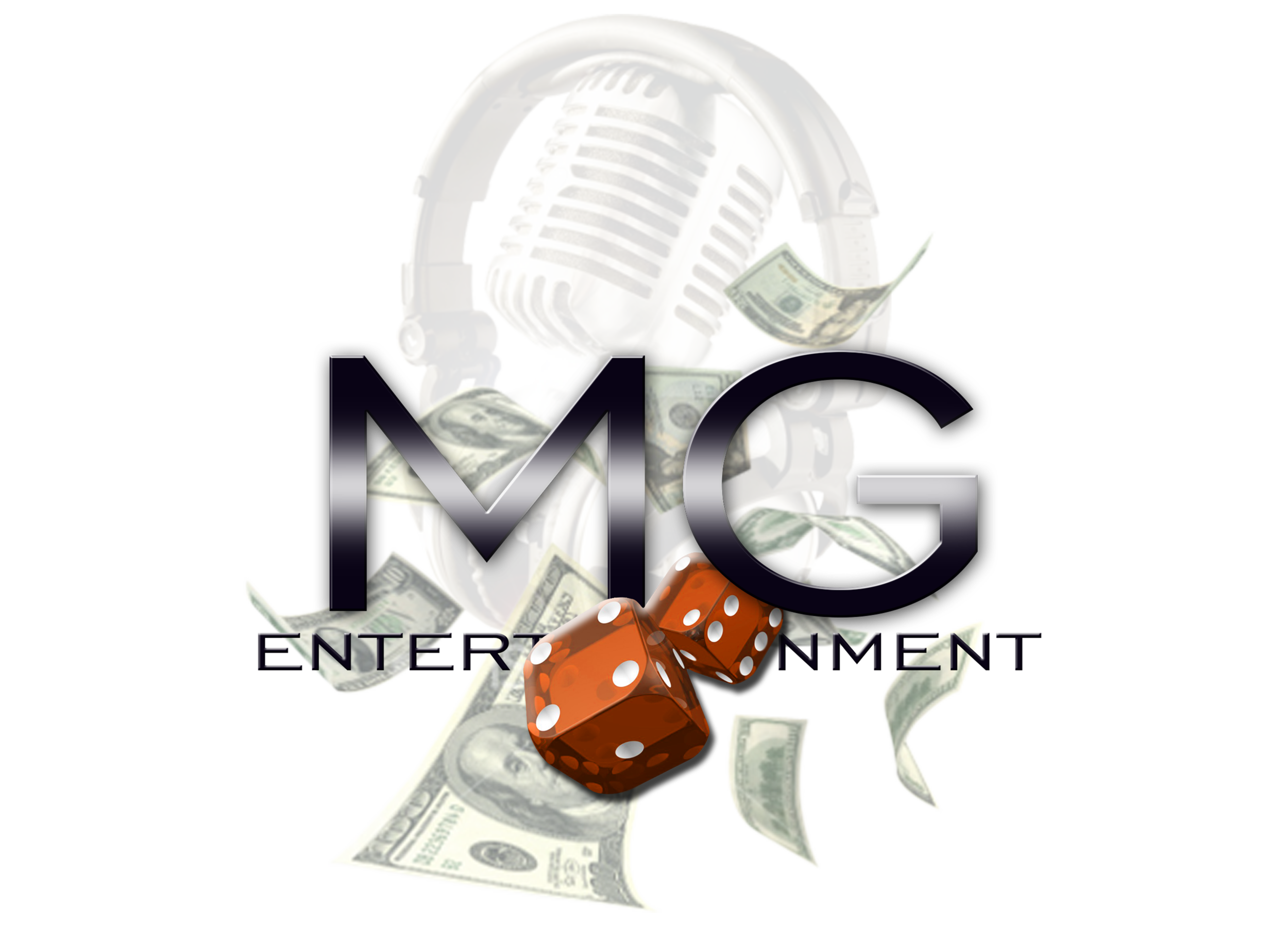 A vintage microphone surrounded by dollar bills, with red dice and the text 'MG ENTERTAINMENT' overlaid.
