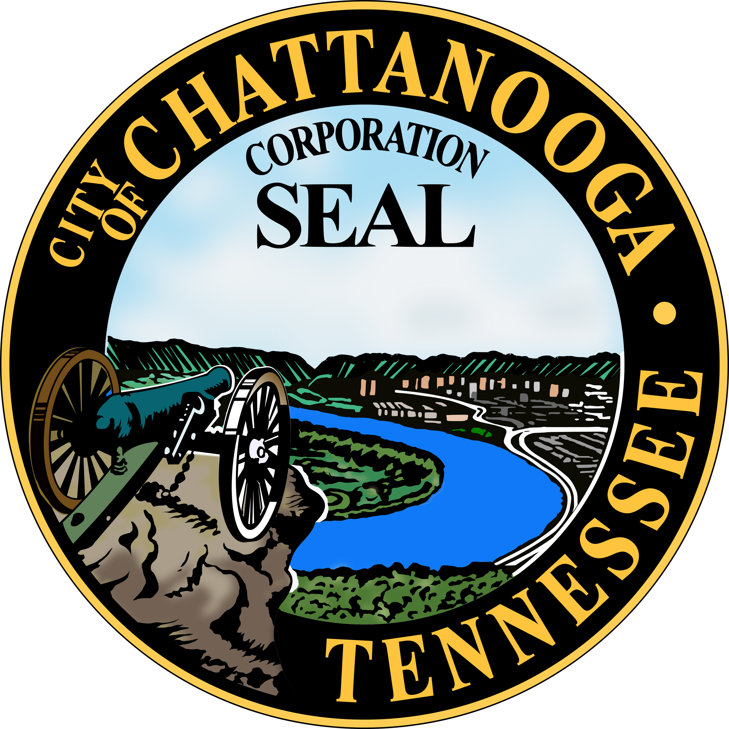 Official City of Chattanooga seal featuring a cannon, a river, land, and cityscape background.