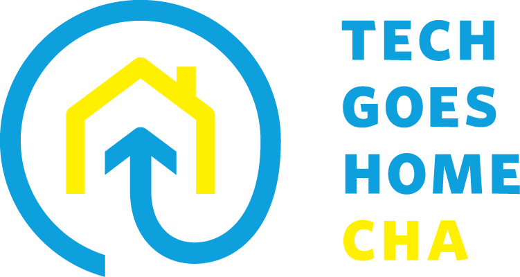 Logo with a yellow house outline and a blue arrow pointing upward inside, encircled by a blue ring, alongside the text 'TECH GOES HOME CHA' in blue and yellow.
