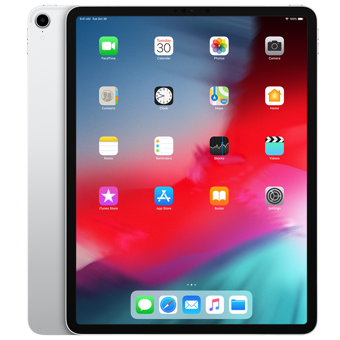 An iPad Pro displaying the home screen with various app icons including FaceTime, Calendar, Photos, Camera, Contacts, Clock, Maps, Home, Notes, Reminders, Stocks, Videos, iTunes Store, App Store, Books, Settings, and the dock with Messages, Safari, Mail, Music, and Files.