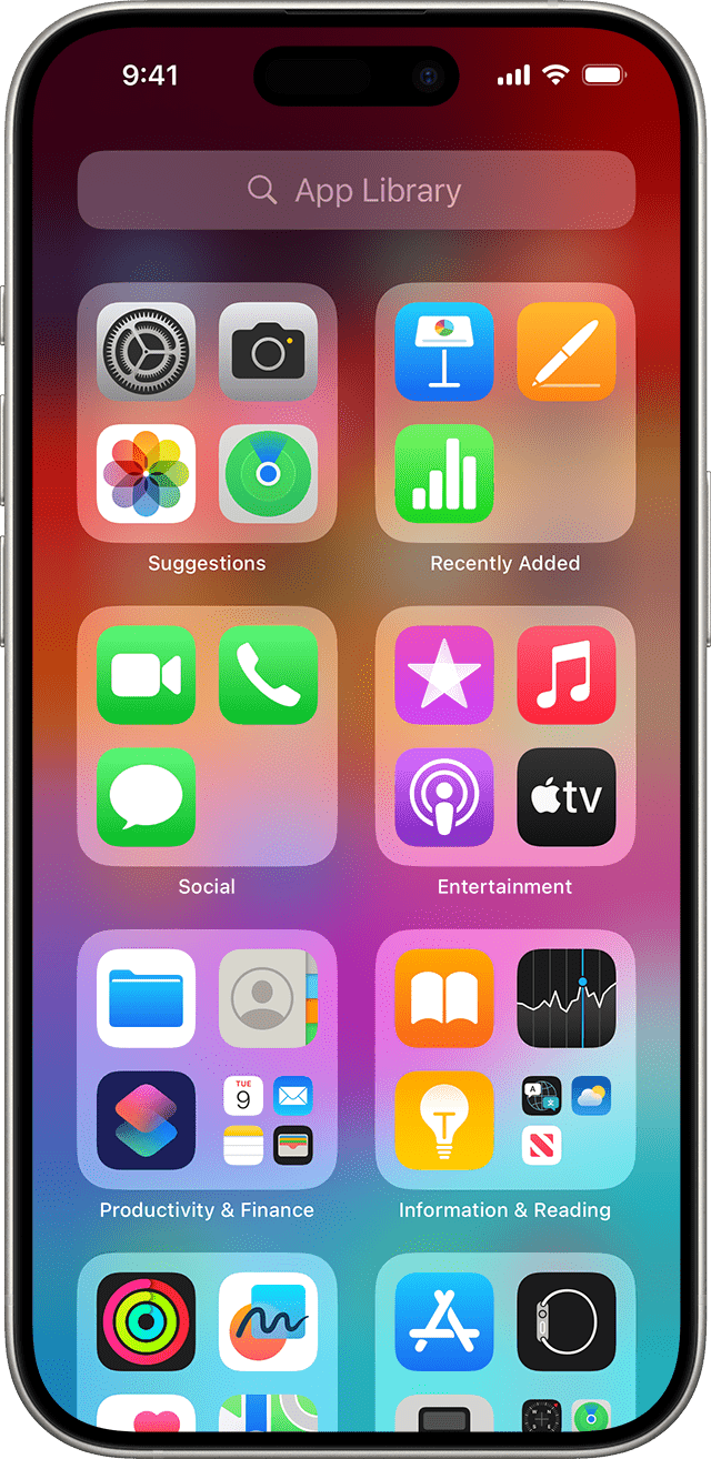 Screenshot of an iPhone with the App Library screen open, showing various app icons grouped into categories such as Suggestions, Recently Added, Social, Entertainment, Productivity & Finance, and Information & Reading.