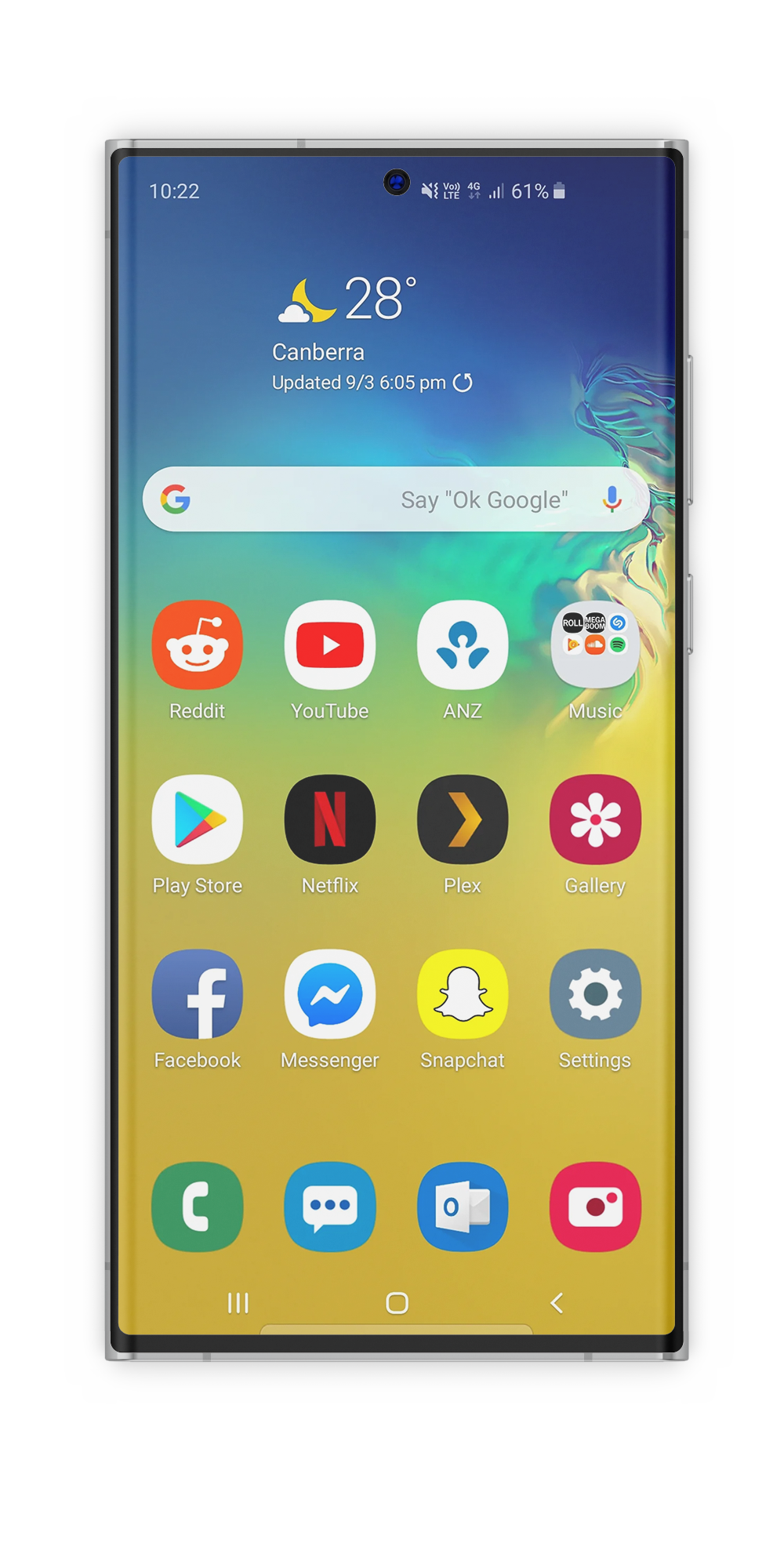 A smartphone screen displaying weather information for Canberra, with a temperature of 28°C, at 10:22 AM. The screen shows various app icons including Reddit, YouTube, ANZ bank, Music, Play Store, Netflix, Plex, Gallery, Facebook, Messenger, Snapchat, and Settings.