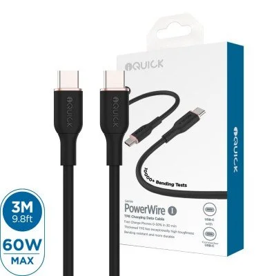 iQuick PowerWire 1 Series TPE Charging Data Cable Type-C to Type-C 3m Compatible for iPhone 15 16 Series