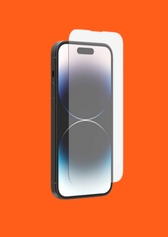 A smartphone with a screen protector being applied against an orange background.