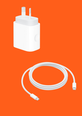 A white power adapter and a white charging cable with a USB-C connector on an orange background.