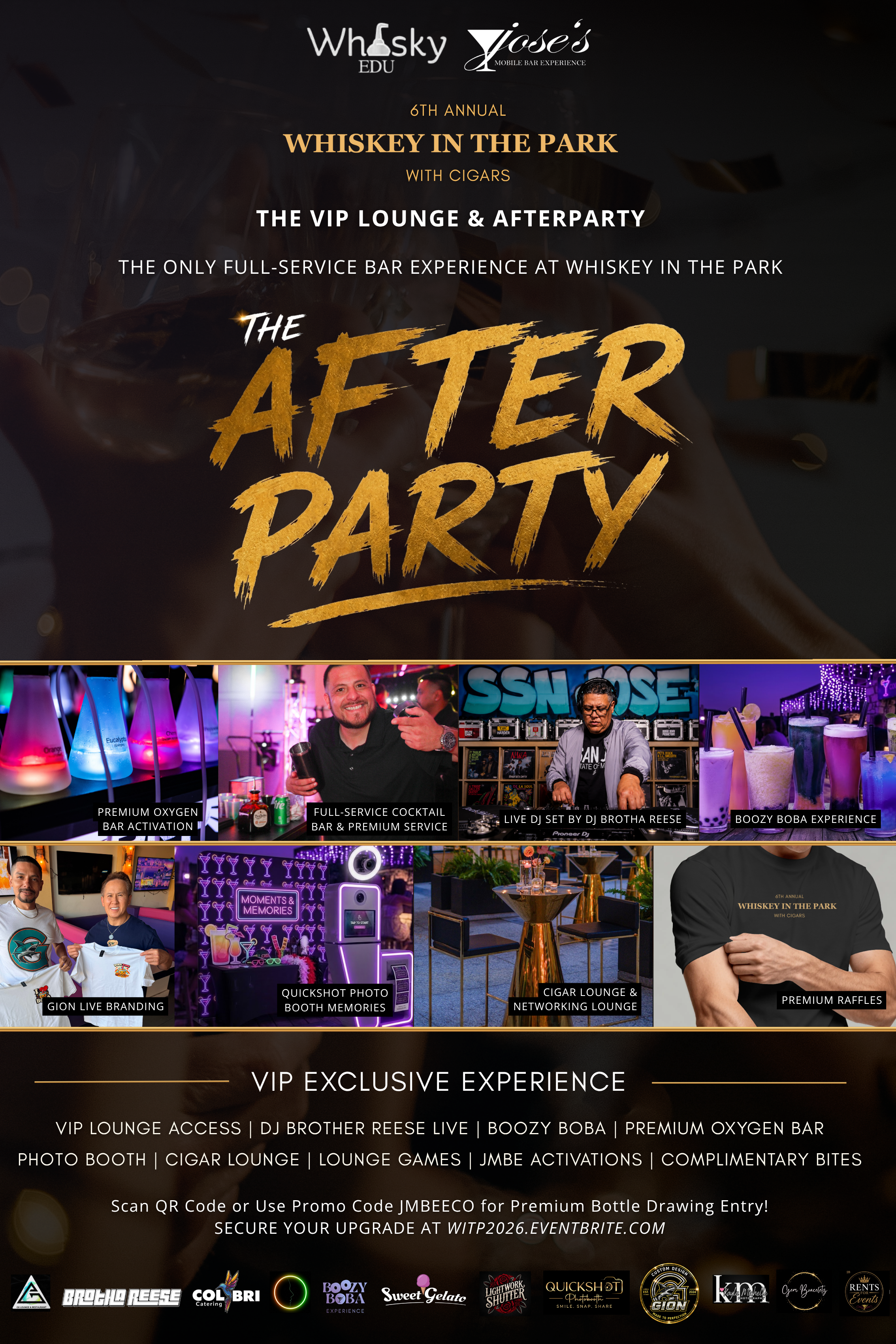 A promotional flyer for the 6th Annual Whiskey in the Park event with cigars, featuring VIP lounge, bar, DJ, and various experiences with images of drinks, people, and event setup.