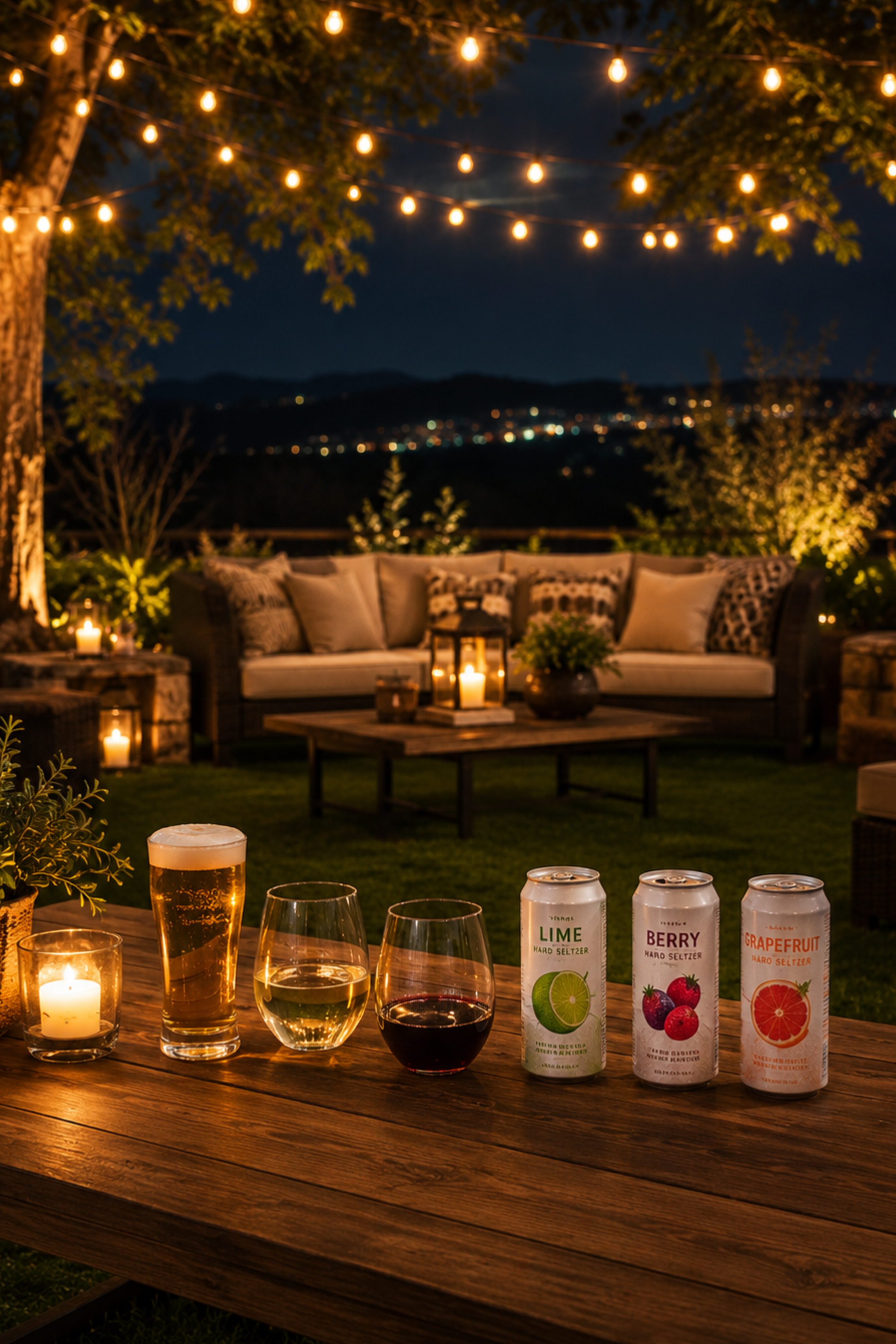 Nighttime outdoor gathering with string lights, candles, a wooden sofa with pillows, a coffee table with drinks, and a scenic view of distant city lights and mountains.