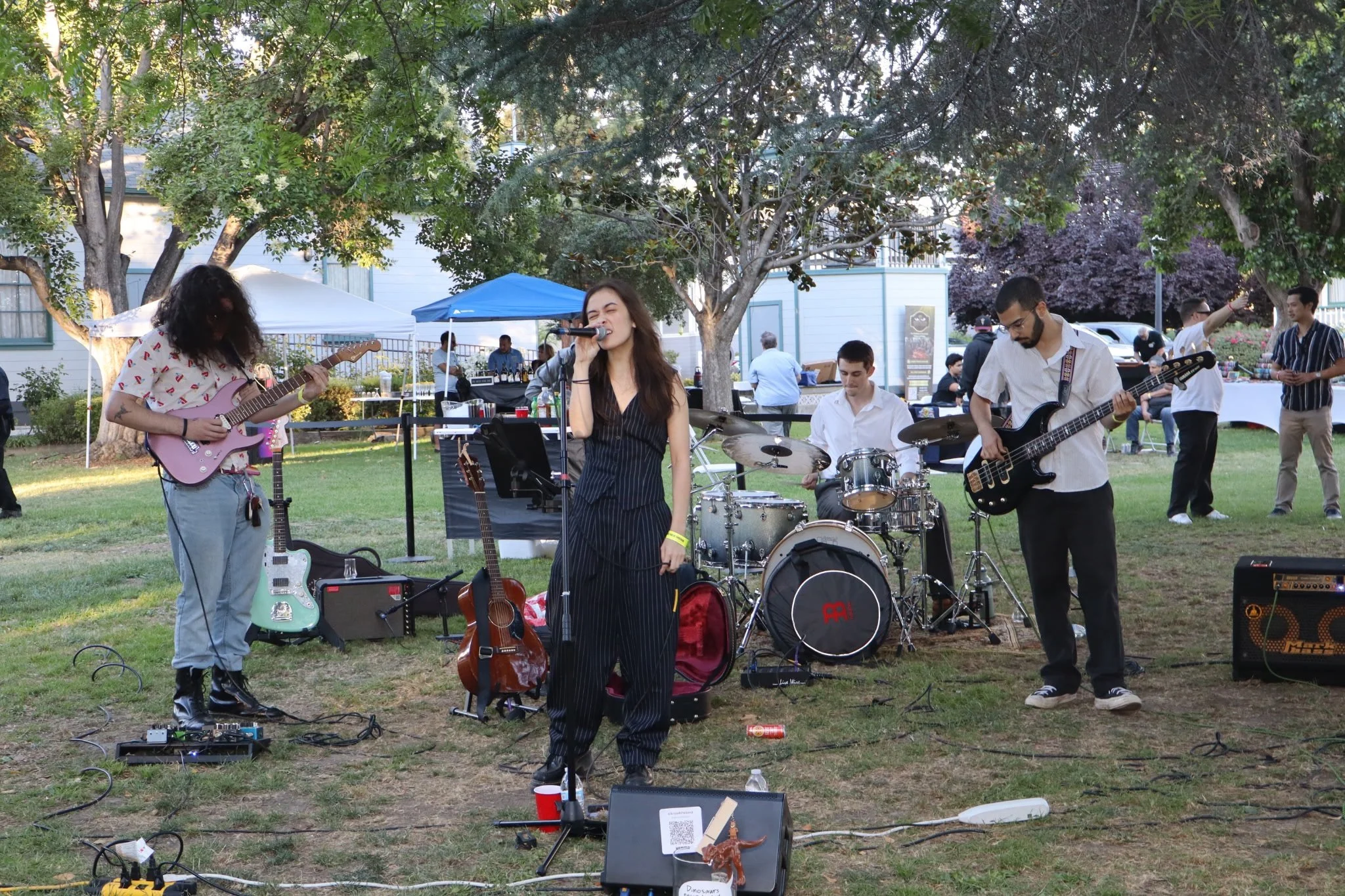 A band of five musicians playing instruments outdoors under trees at a park or garden. They include a guitarist, a singer, a drummer, and two bass players. In the background, there are tents, people, and a building.