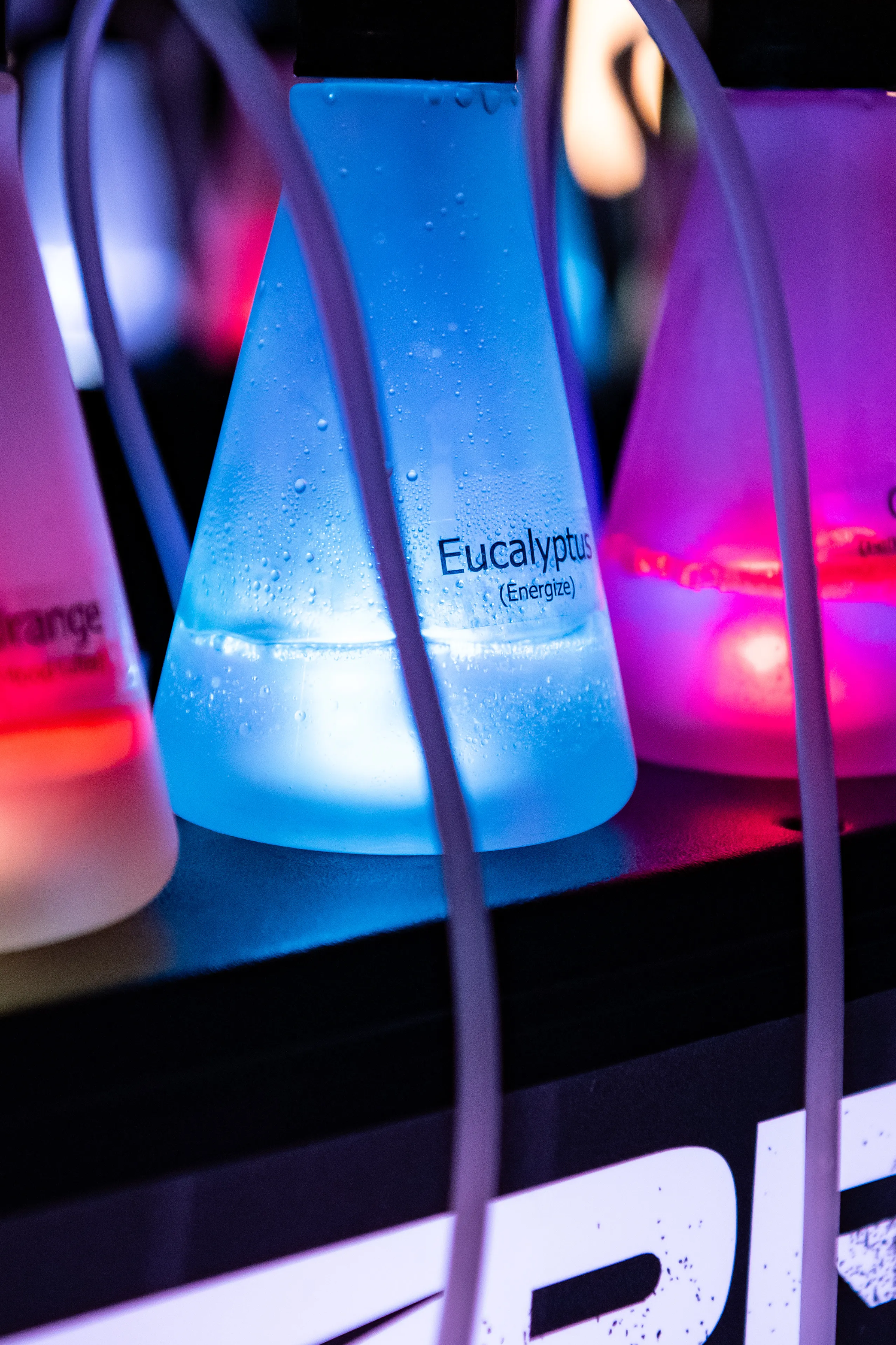 Close-up of a blue canned energy drink labeled 'Eucalyptus Energize' with condensation droplets, illuminated by vibrant purple and pink neon lights.