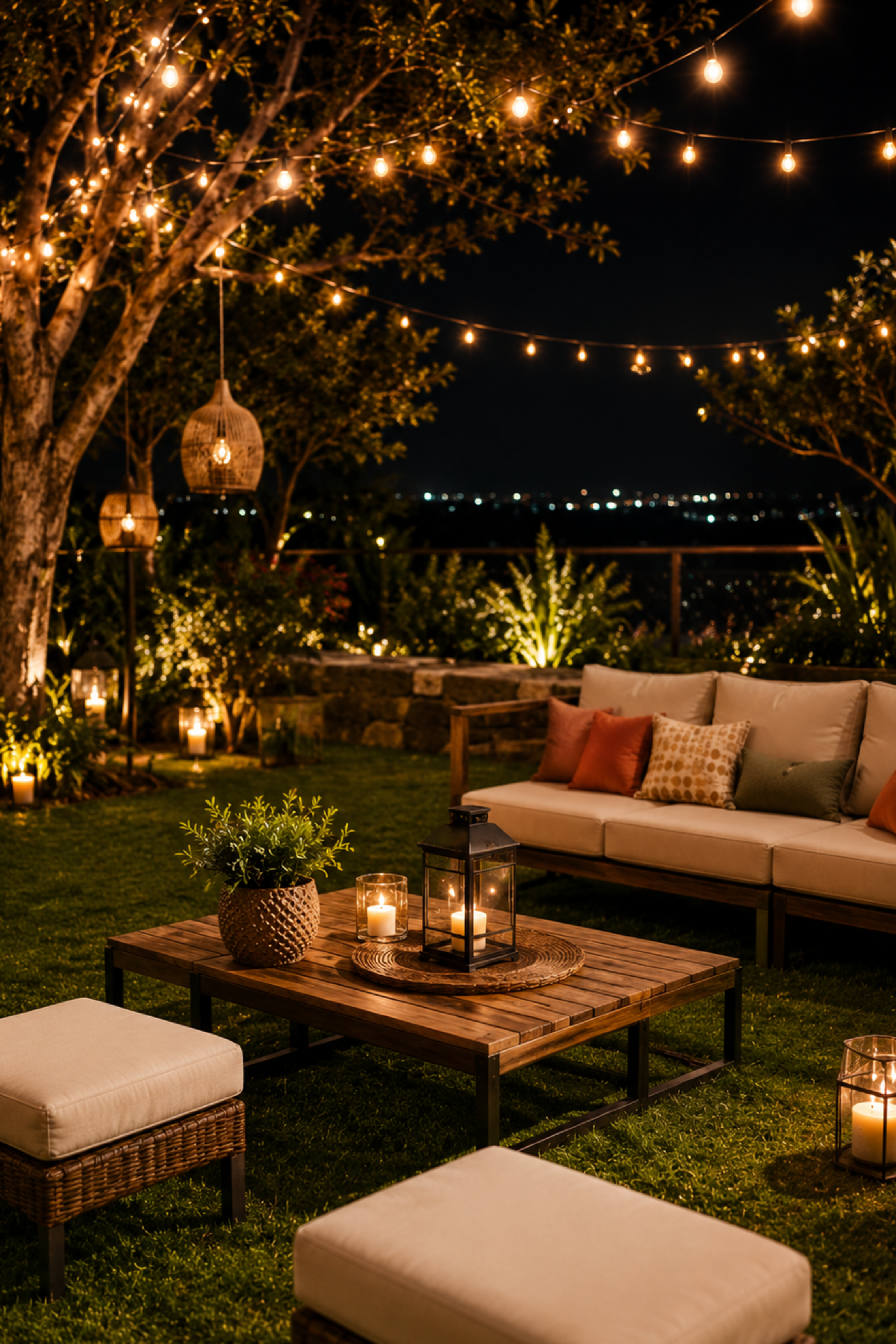 Outdoor evening scene with string lights, hanging lanterns, candles, a sofa with pillows, a wooden coffee table with candles and a plant, and some greenery.