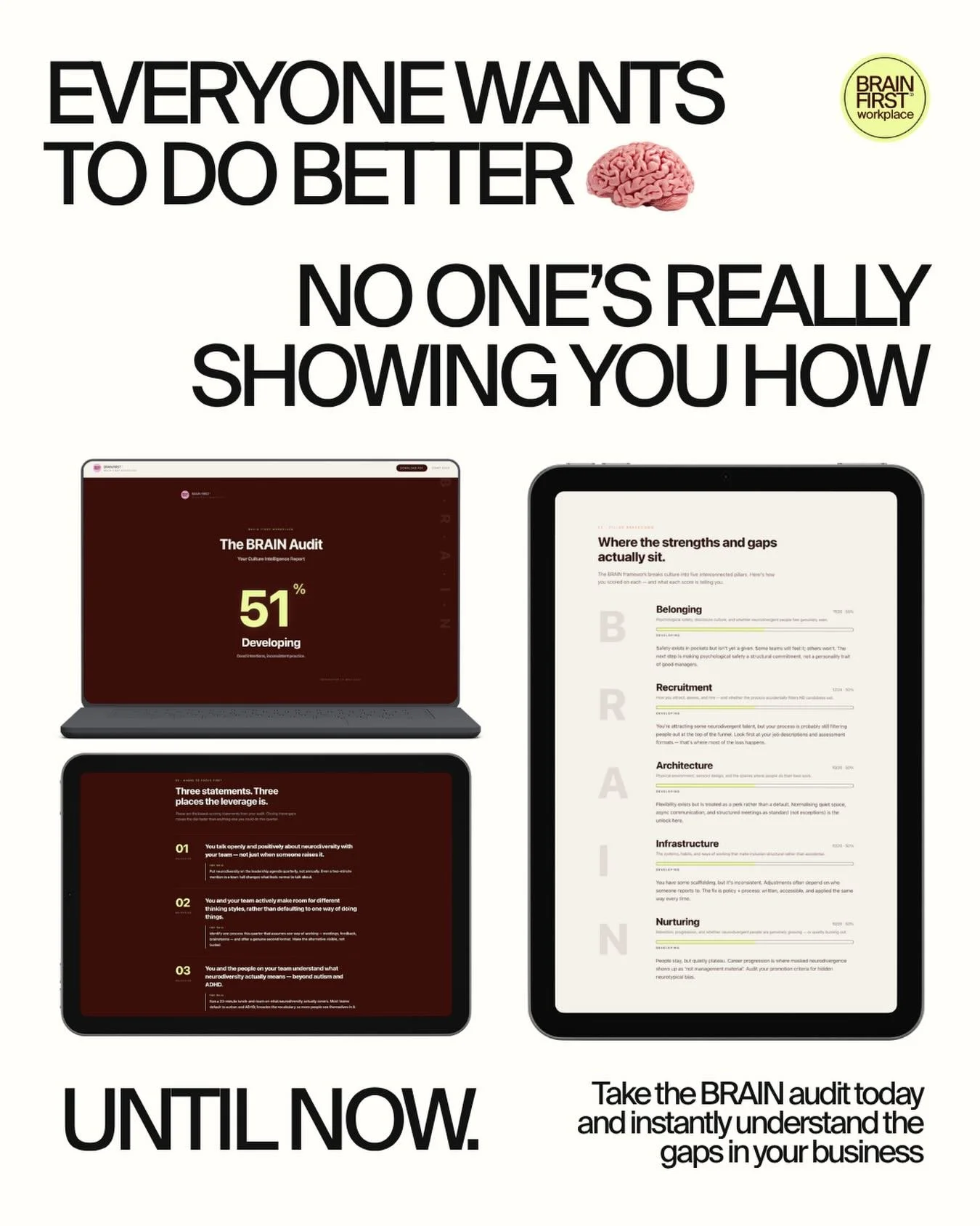 Most founders want to build a neuroinclusive business - the hard part is knowing where to actually start. 

The Brain First Workplace Audit scores your business against the BRAIN framework and gives you an instant report and clear roadmap for what to