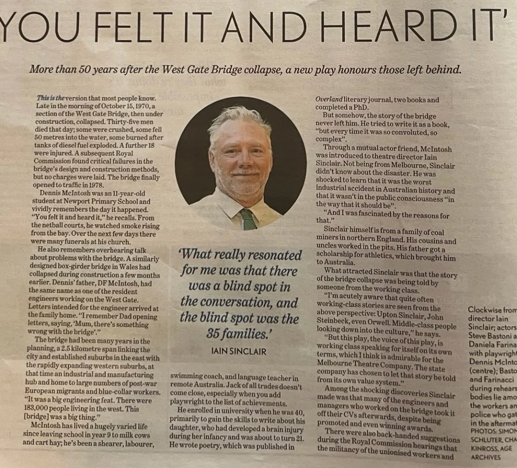 Our students and team had the privilege of watching the dress rehearsal of Dennis McIntosh&rsquo;s West Gate at @melbtheatreco.
&ldquo;I had the privilege to watch the dress rehearsal of Dennis Macintosh new play West Gate at MTC directed by our head