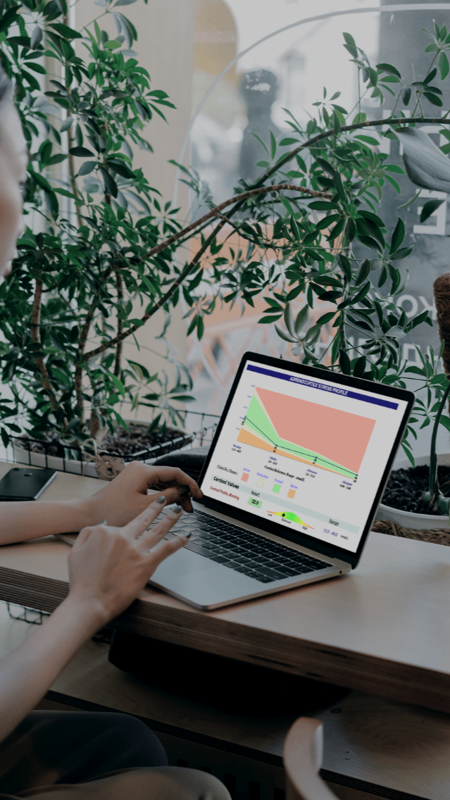 Person working on a laptop displaying a graph on stress levels, seated at a desk with potted plants in the background near a window.