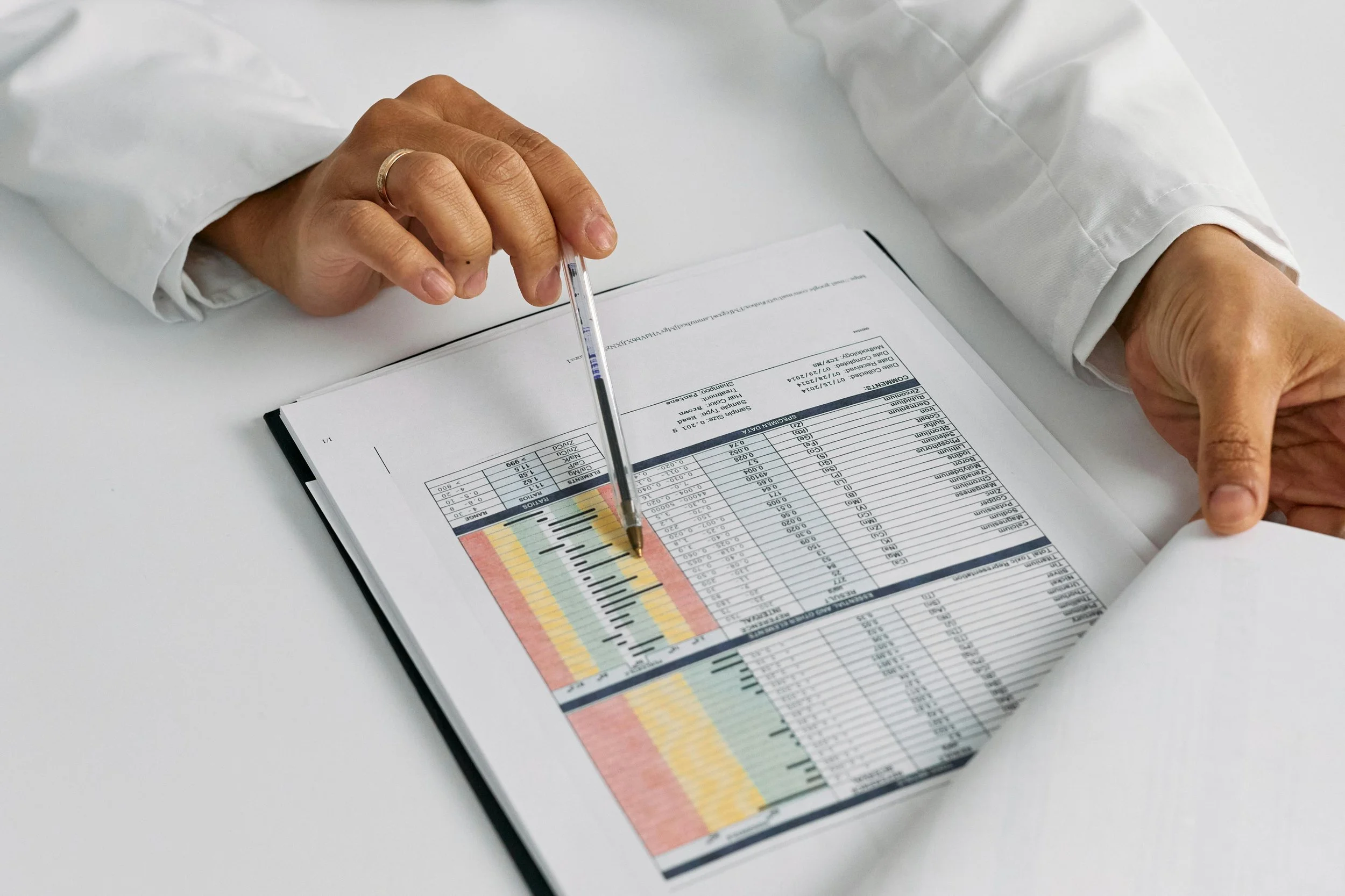 A person reviewing a customised 'Future You Wellness' lab and blood report with colorful charts and data tables, using a pen to point at the document.