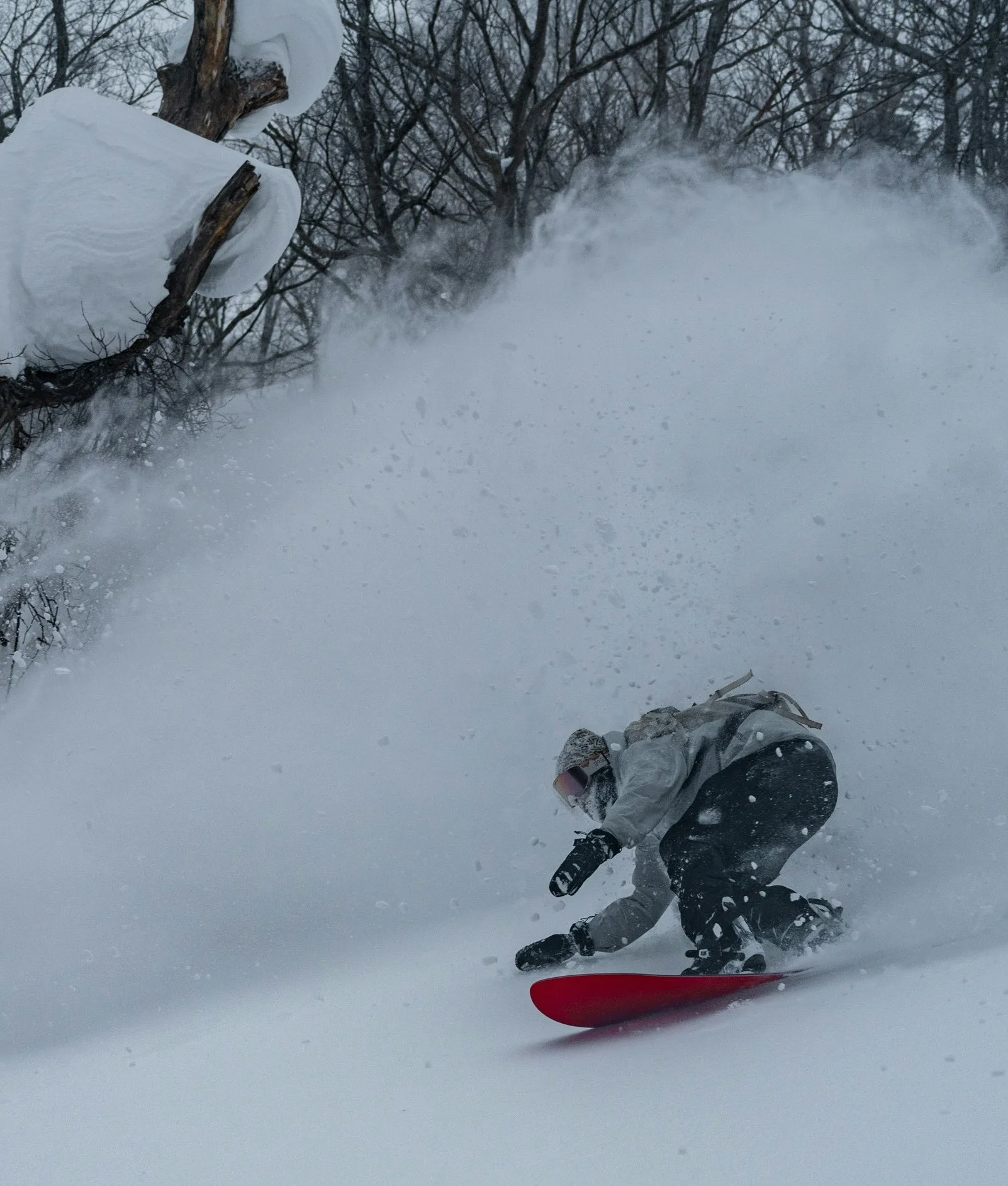A snowboarder enjoys deep powder in Hakuba