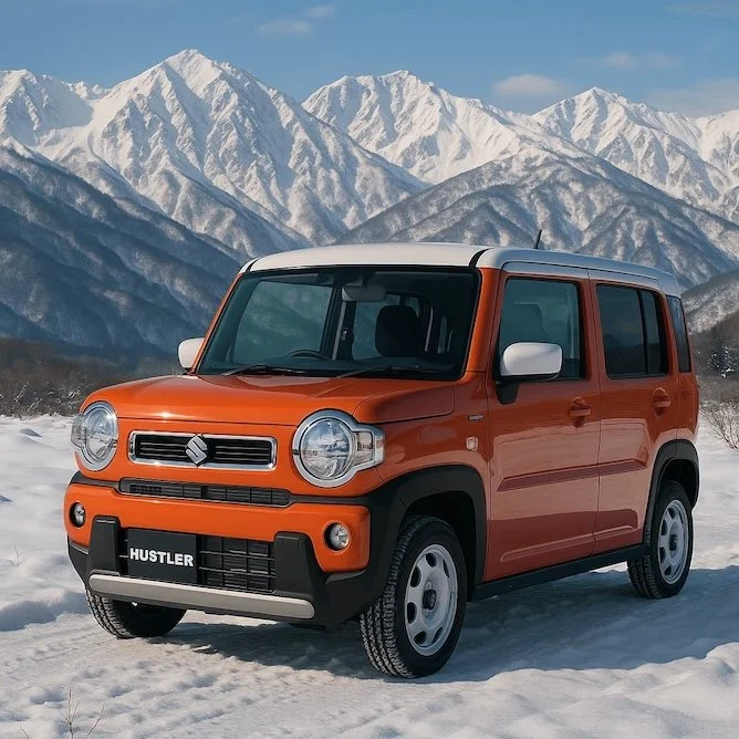 Orange Suzuki Hustler kei car parked on snow in Hakubaa