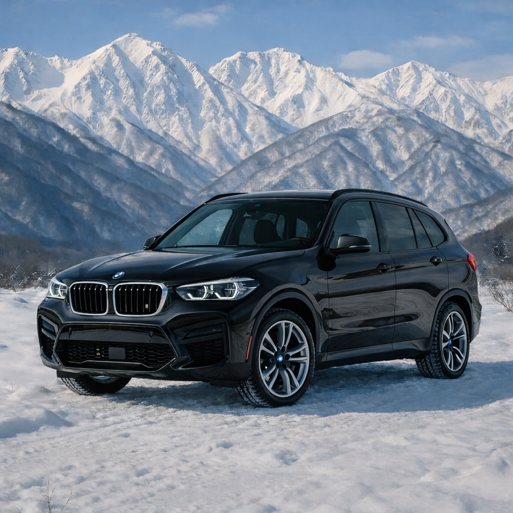 Black BMW X3 M-series from Hakucar parked with mountains in background
