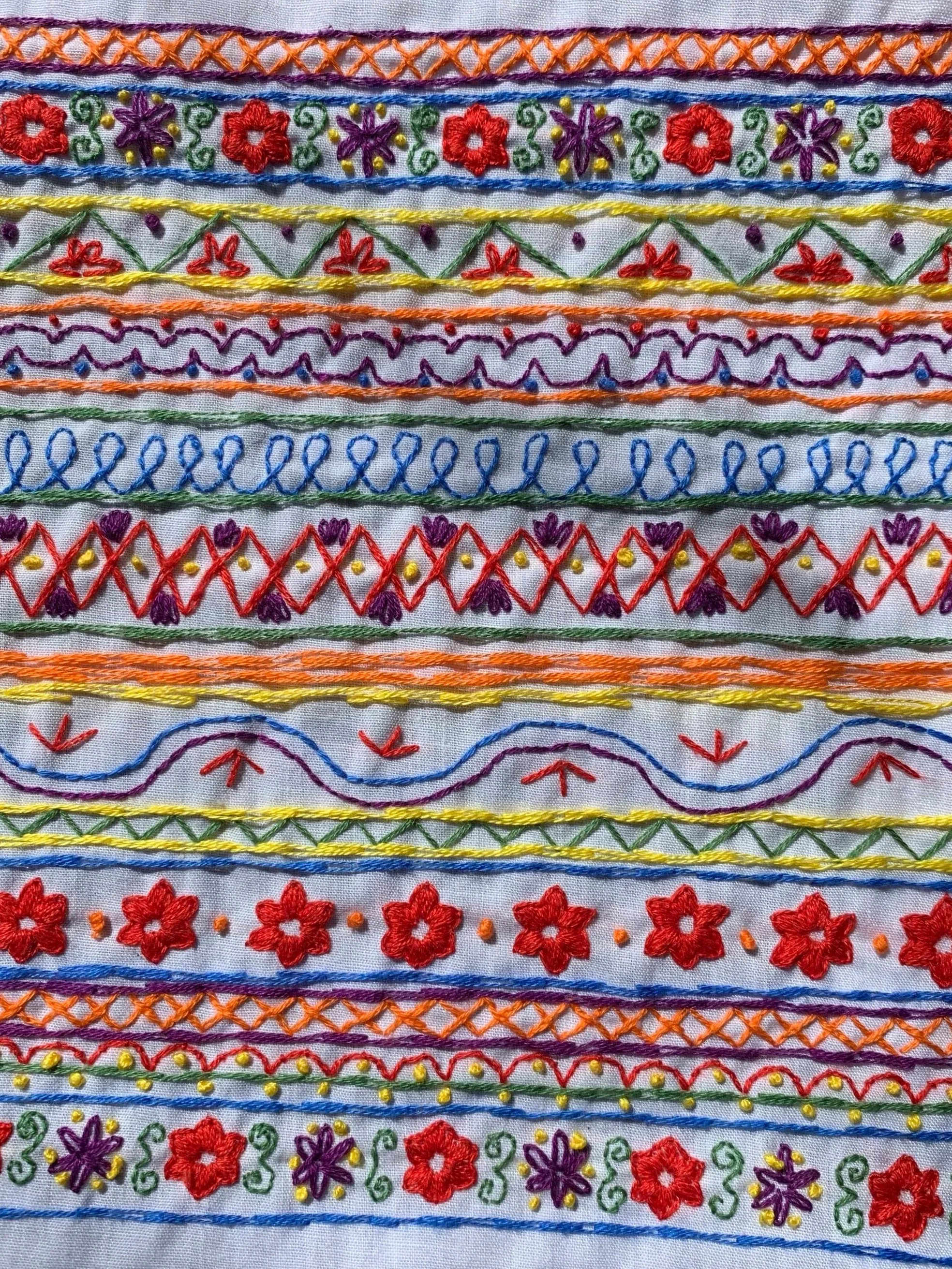 Close-up of colorful embroidered threads arranged in parallel lines on white fabric, featuring various floral and geometric patterns in red, purple, yellow, orange, green, and blue.