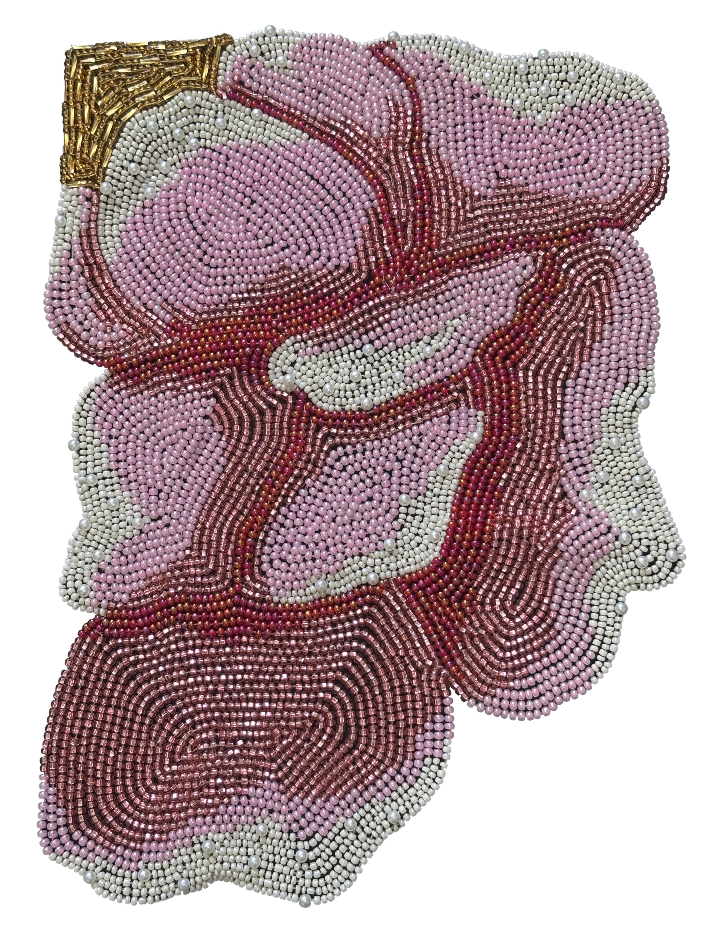 A detailed bead embroidery design featuring a pink and white rose with brown and gold accents, using small beads and pearls, on a black background.