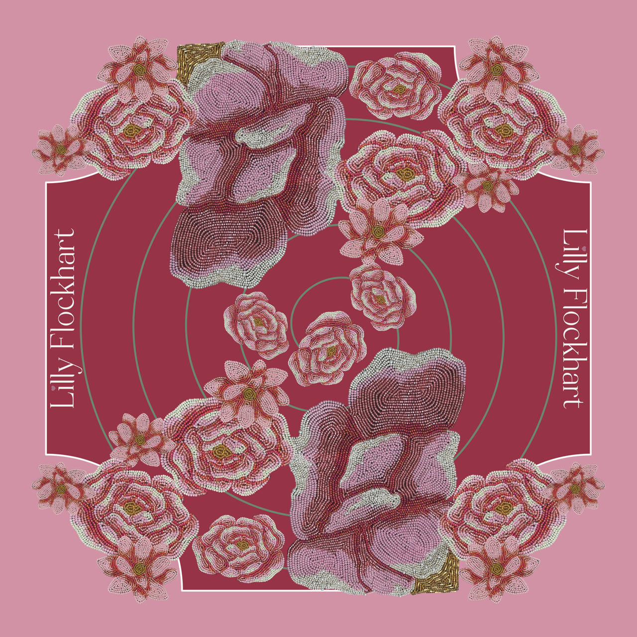 A floral design with pink, red, white, and green beads arranged in patterns resembling flowers, on a pink background with concentric circles and the text 'Llily Fockhart' on the sides.