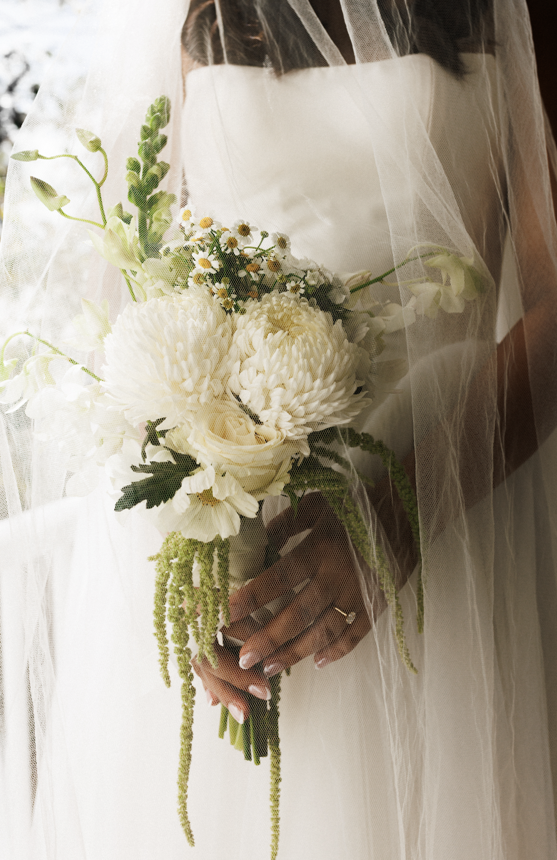 A bride holding a bouquet of white flowers, including roses, dahlias, and daisies, partially covered by a sheer veil. The bride's hands, with a wedding ring, are visible. She is wearing a strapless white wedding dress.