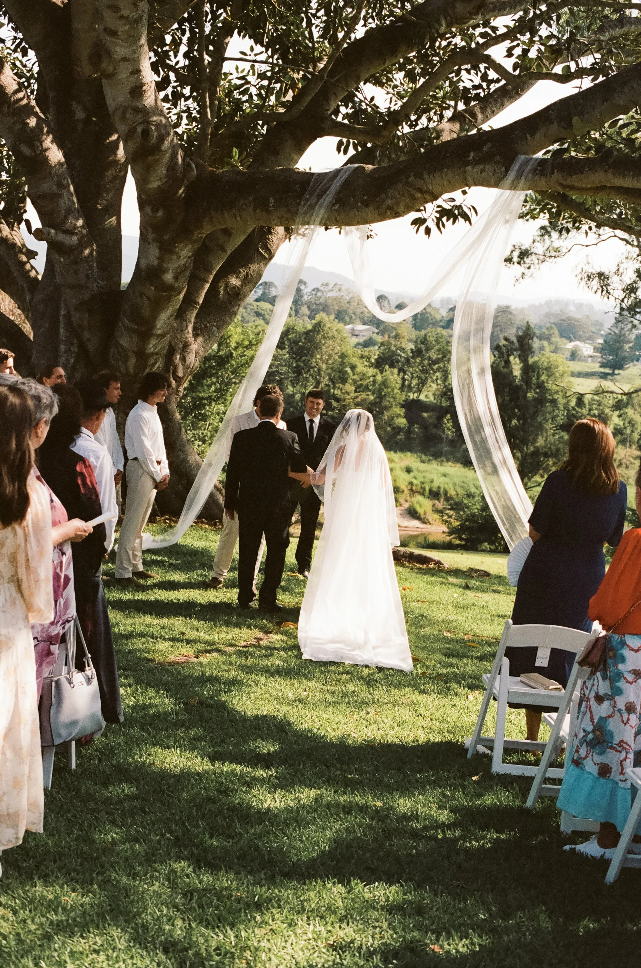 A wedding ceremony taking place outdoors under a large tree with flowing fabric decorations. The bride and groom are holding hands and facing each other, with officiants and guests observing, in a lush, scenic landscape.