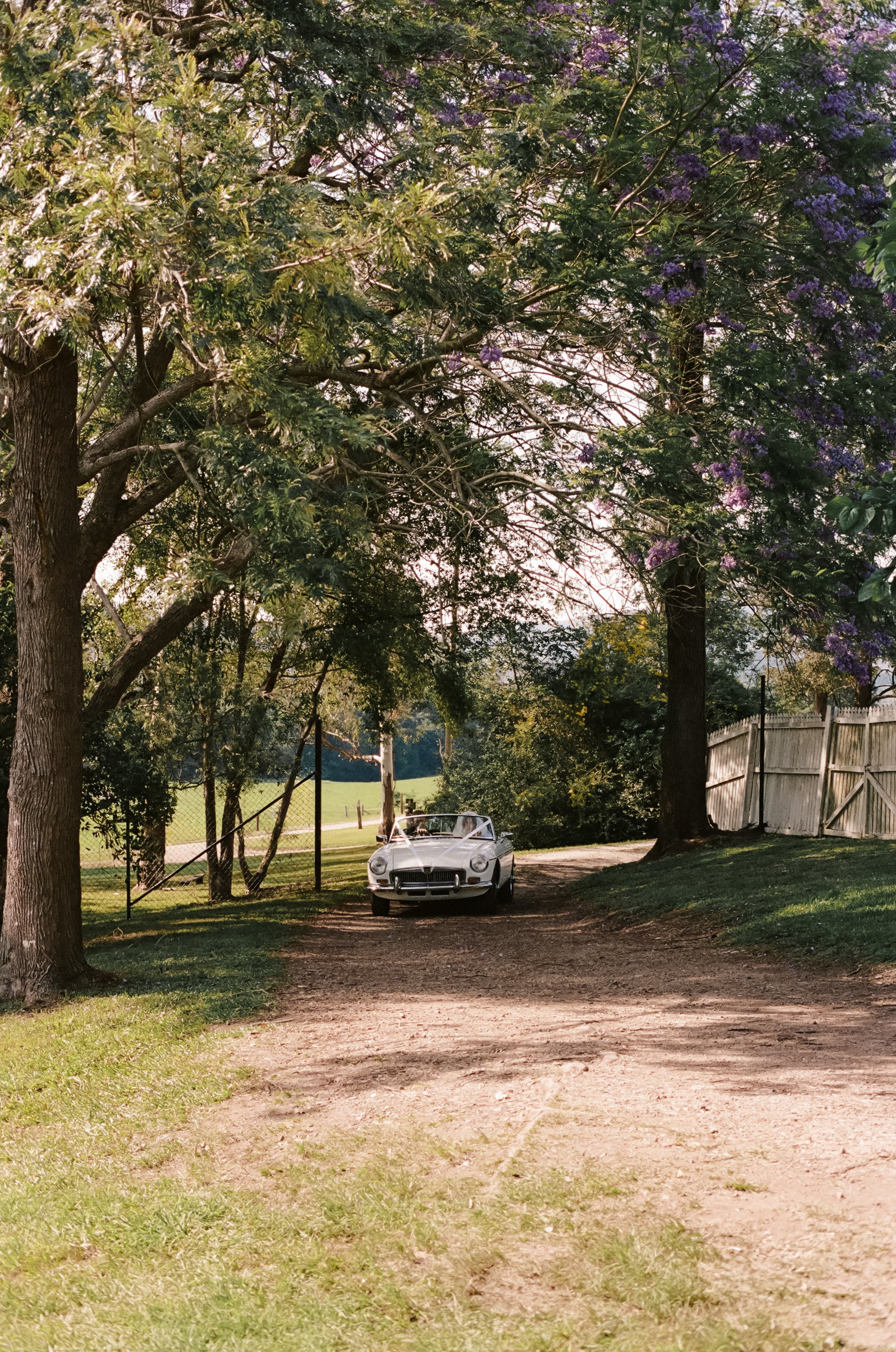 A white convertible car parked on a dirt driveway surrounded by trees, with a white wooden fence on the right and a grassy area on the left.
