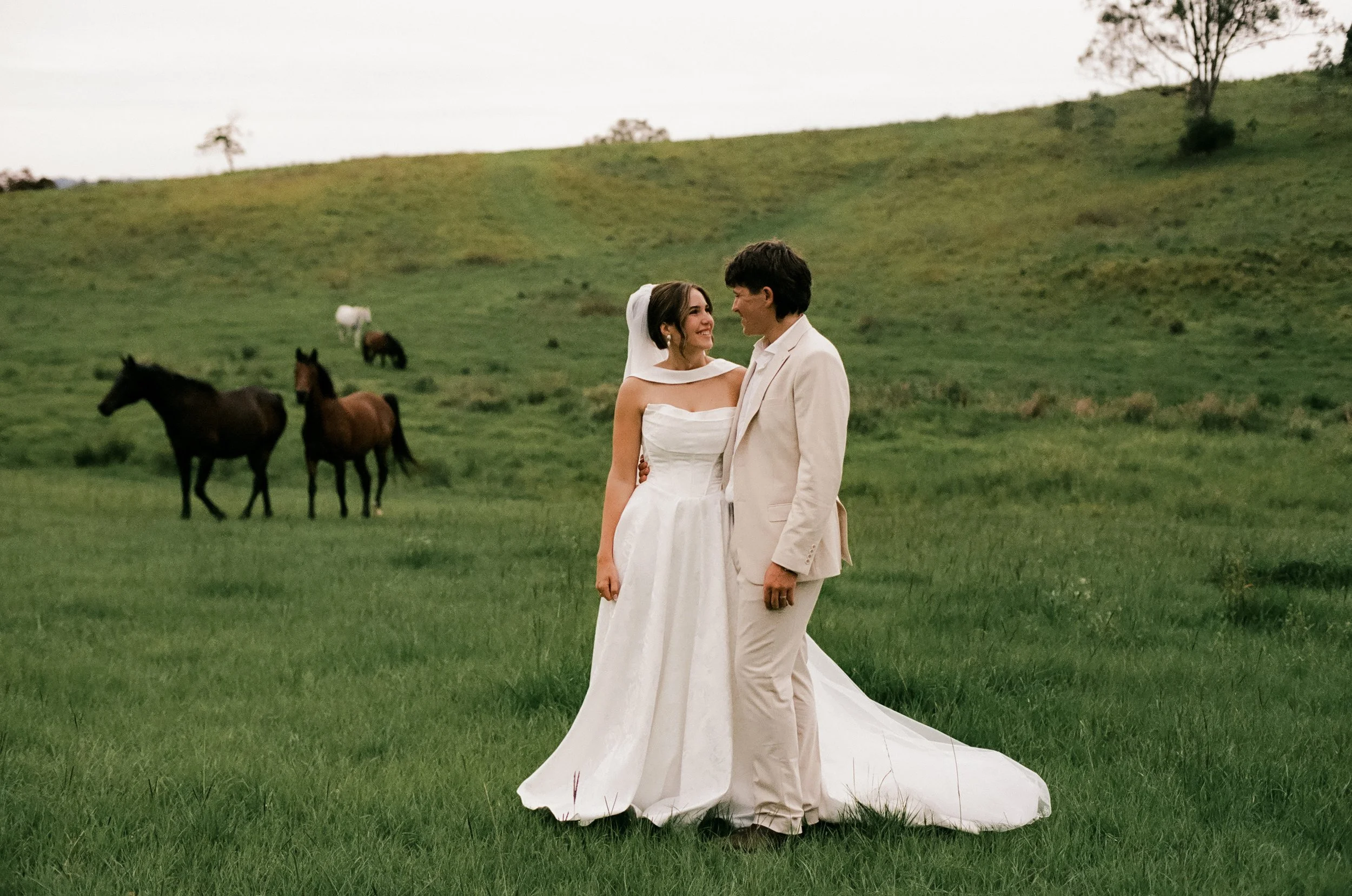 A bride and groom in wedding attire standing in a green field with horses grazing in the background.