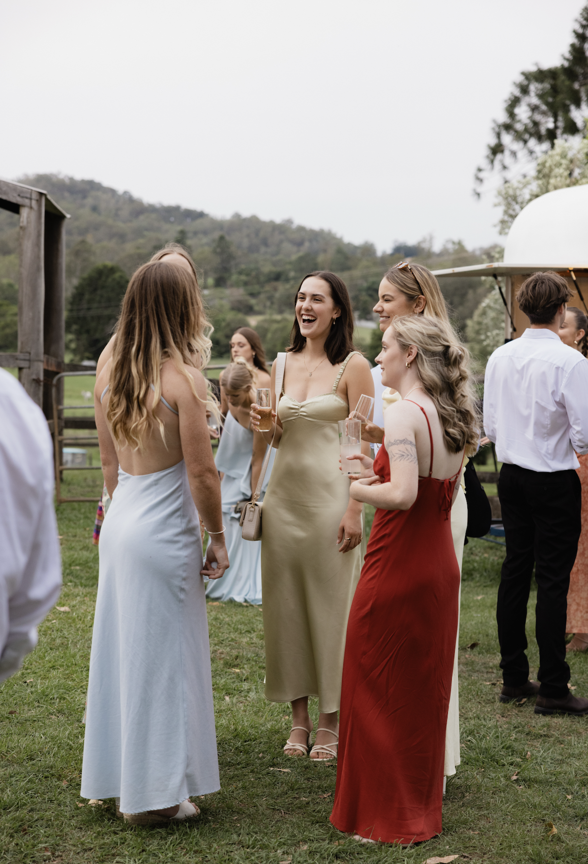 Women in formal dresses chatting and smiling at an outdoor event, with a scenic green hillside in the background.