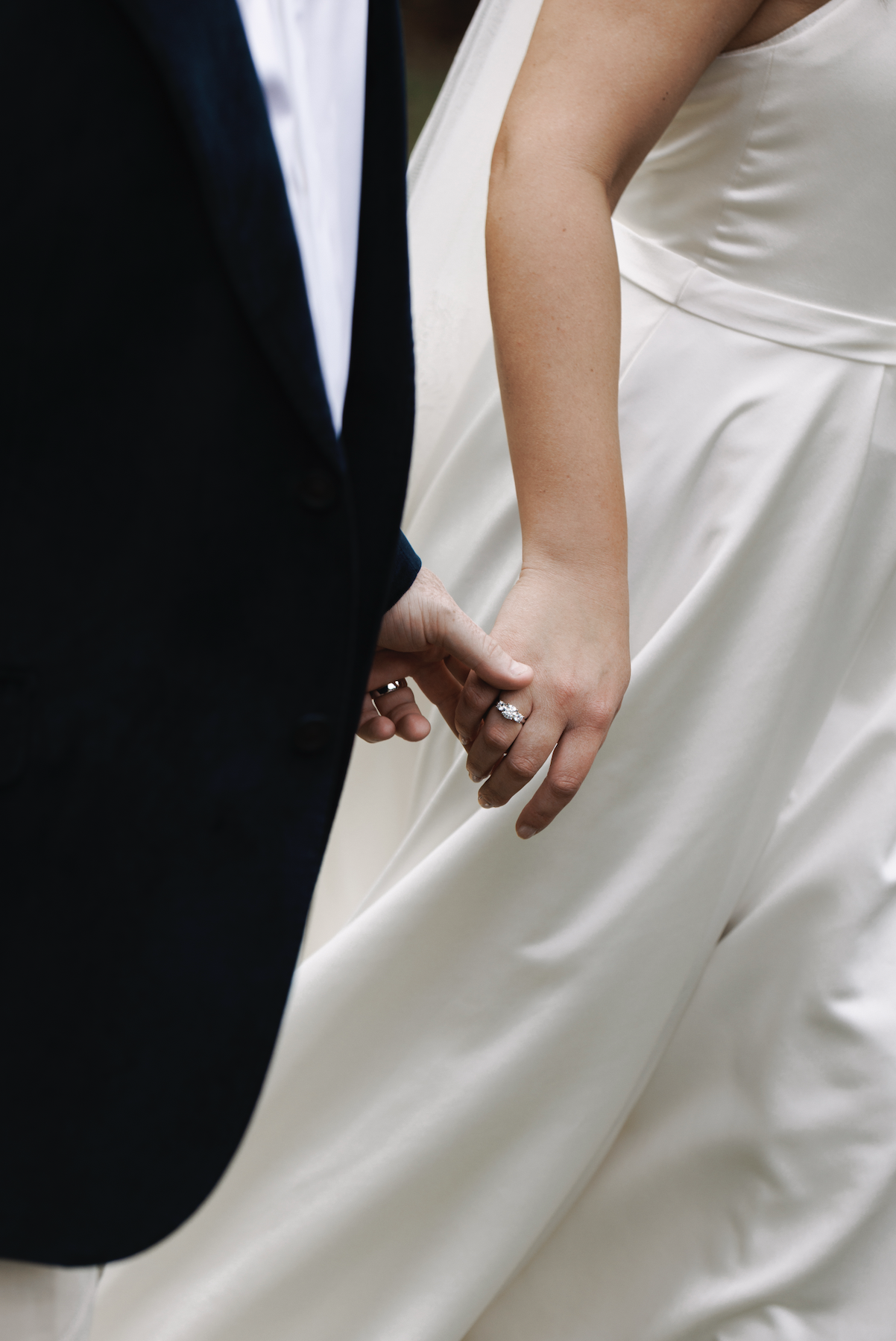 Close-up of a bride and groom holding hands, focus on the bride's wedding ring and dress.