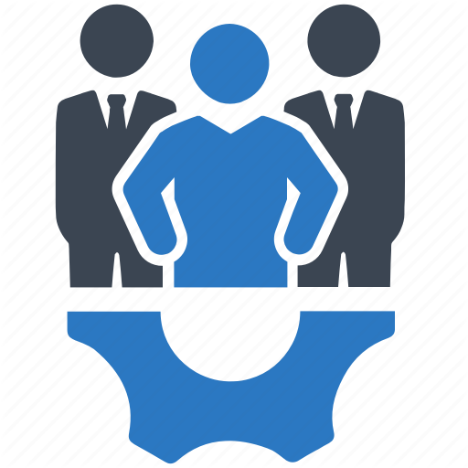 Illustration of three stylized human figures, one in blue front and two in gray behind, representing leadership or teamwork.