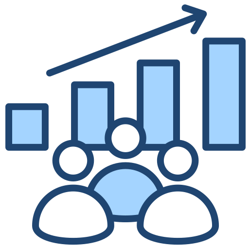 Icons of three people in front of a bar graph with an upward arrow, representing teamwork and growth.