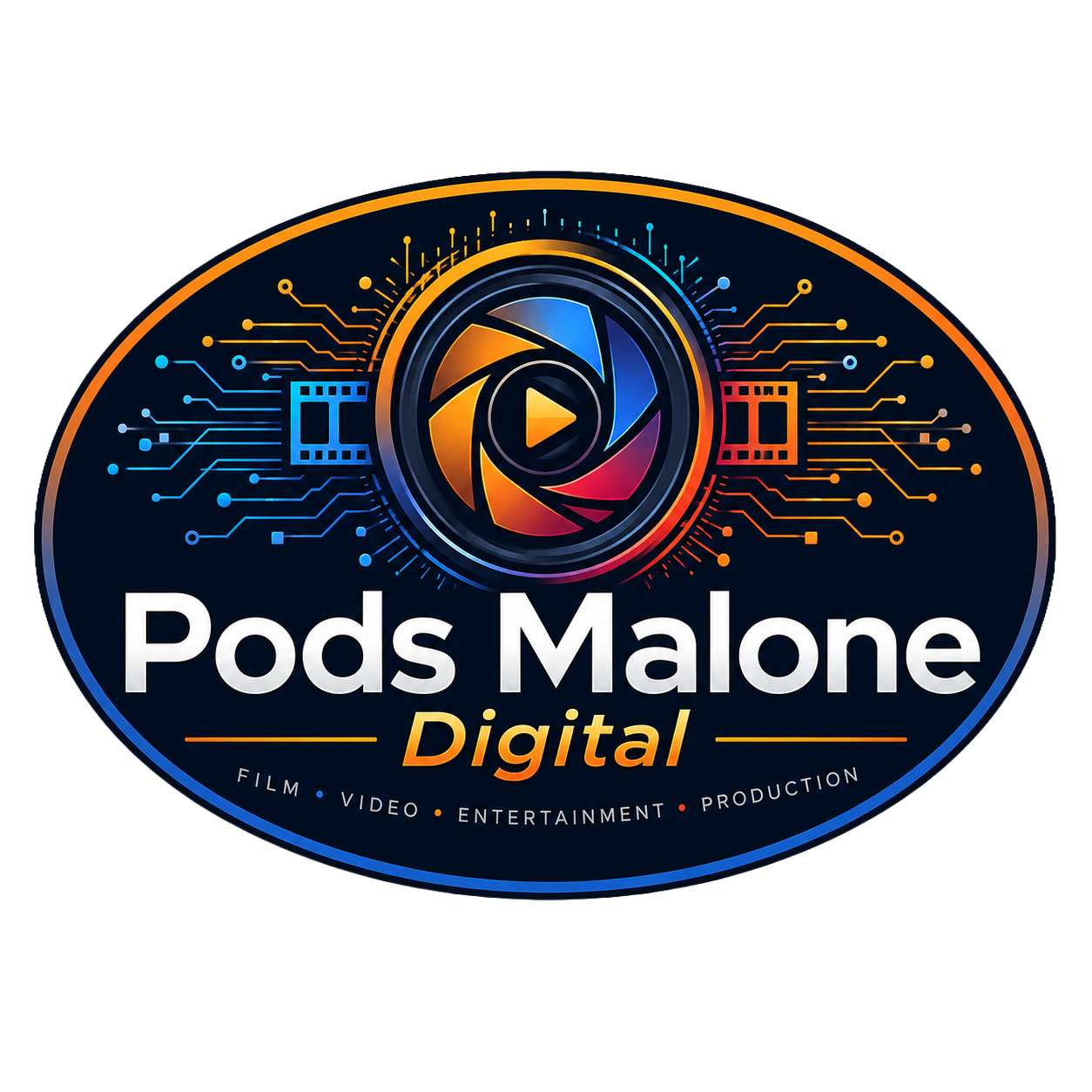 Logo for Pods Malone Digital featuring a circular design with a play button at the center, surrounded by colorful digital circuit graphics, and text indicating services like film, video, entertainment, and production.