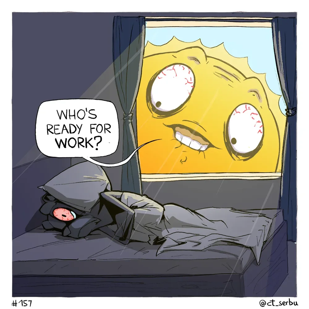 Comic of a raccoon trying to sleep while the sun is rising.