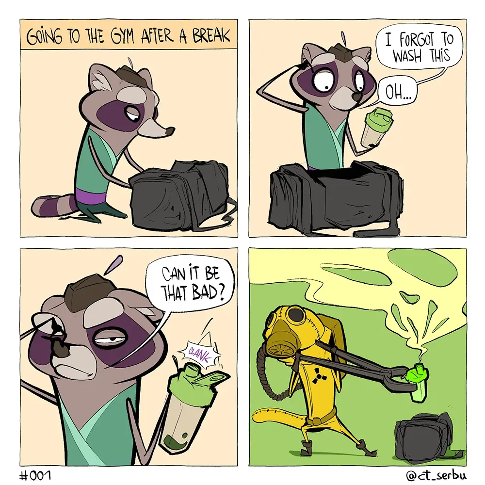 Comic about a forgotten protein shaker.