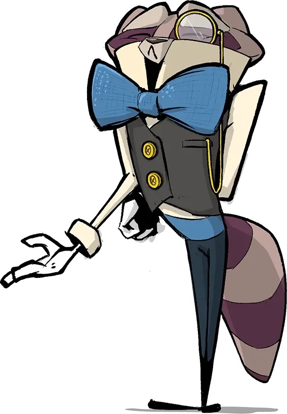  Illustration of the raccoon butler welcoming visitors to the vault