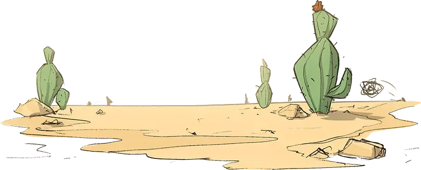 Desert scene with three cacti and scattered rocks on sandy ground.