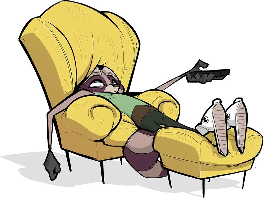 Illustration of a raccoon slouchhing on an armchair with a remote control watching TV