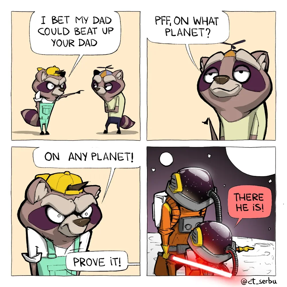 Comic with two raccoon children arguing about who's dad is the toughest.