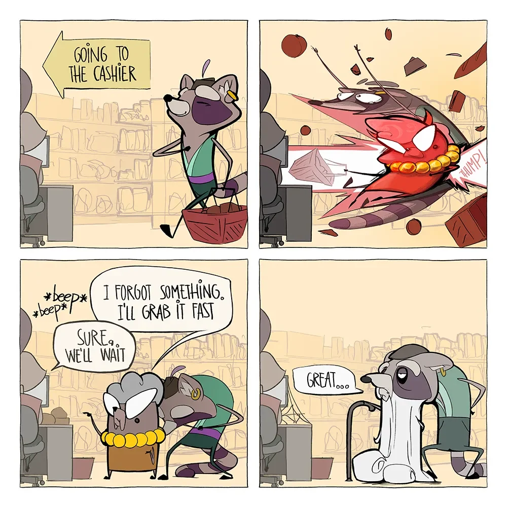 Comic about skipping the queue at the grocery store.