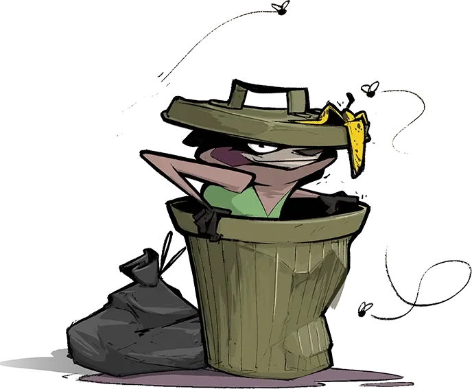 Illustration of the raccoon coming out of a trash can