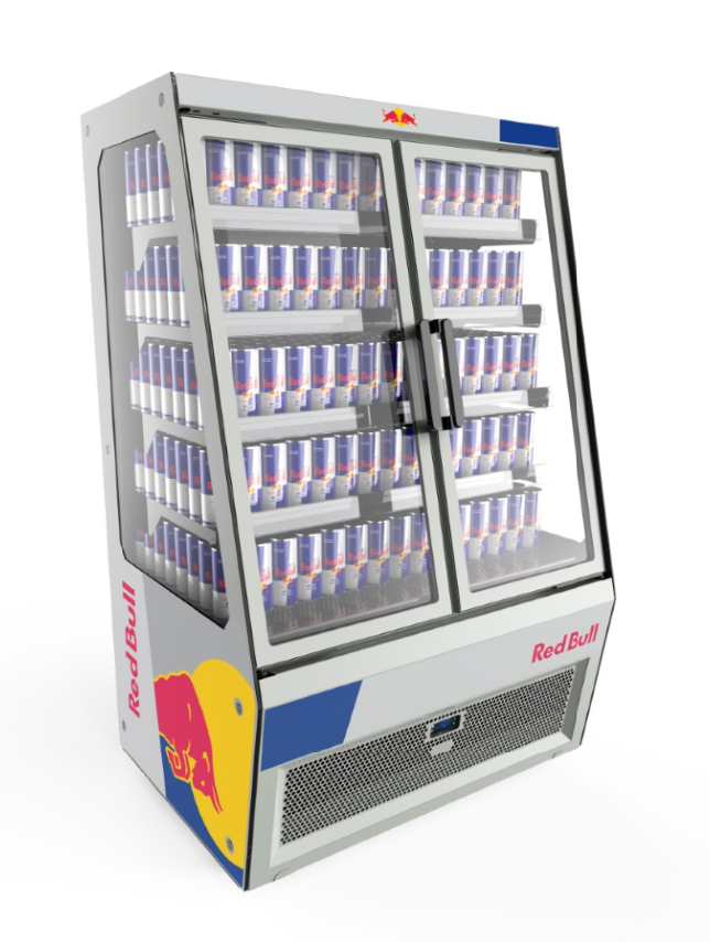Multideck med glasdörrar för exponering av drycker. Energieffektiv exponeringskyl som ger hög synlighet och enkel påfyllning.