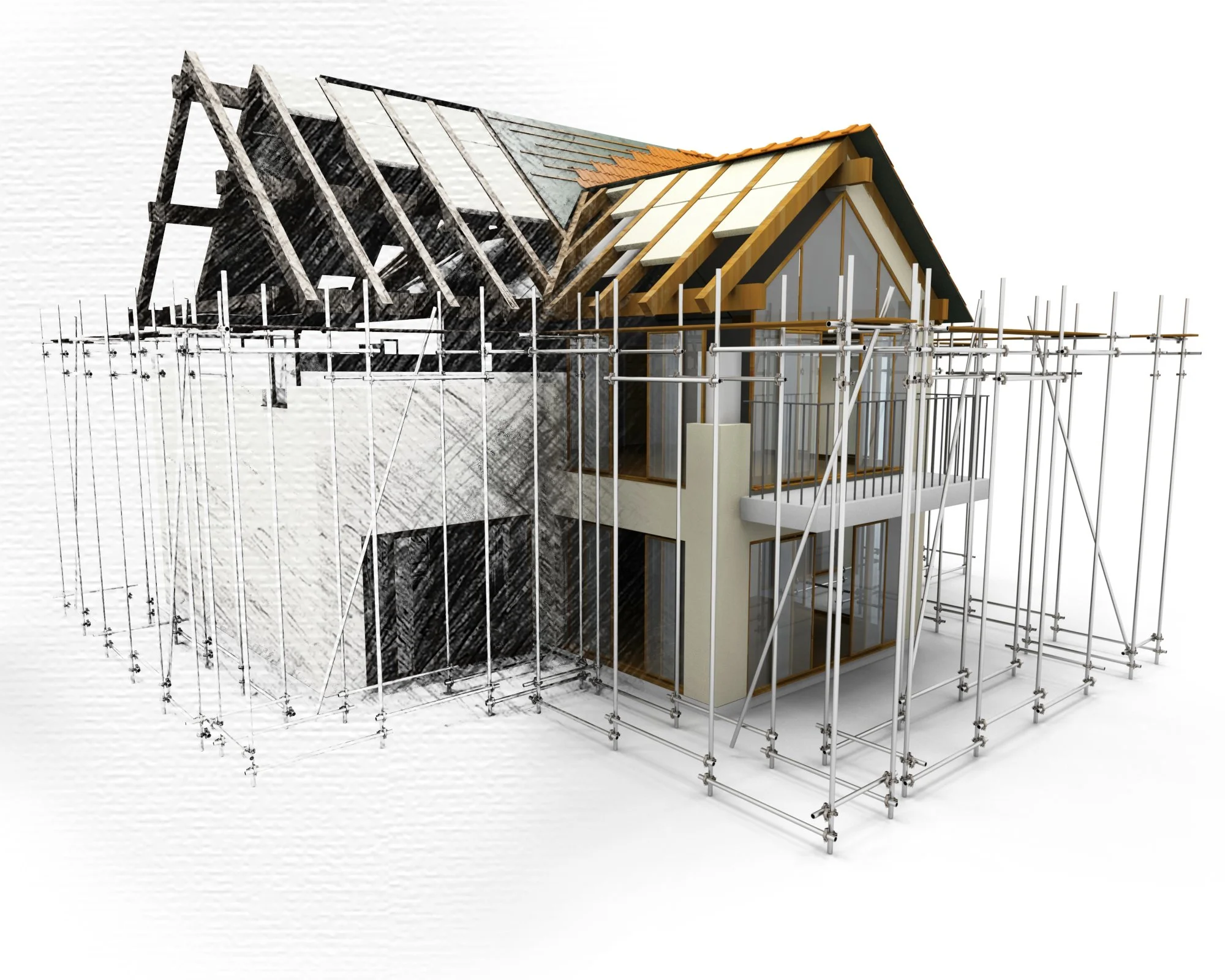 home addition rendering with scaffolding