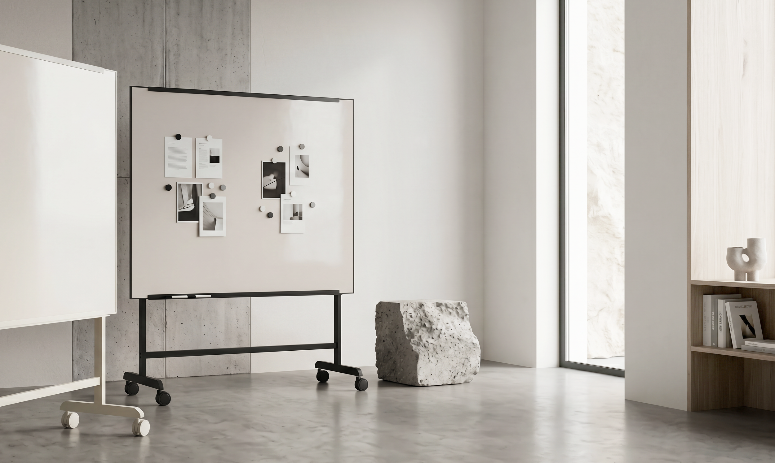 Minimalist office or workspace with moedrn whiteboards, photographs, and notes, near a window with natural light, with a textured stone stool and a small bookshelf with white and wooden books and decor.