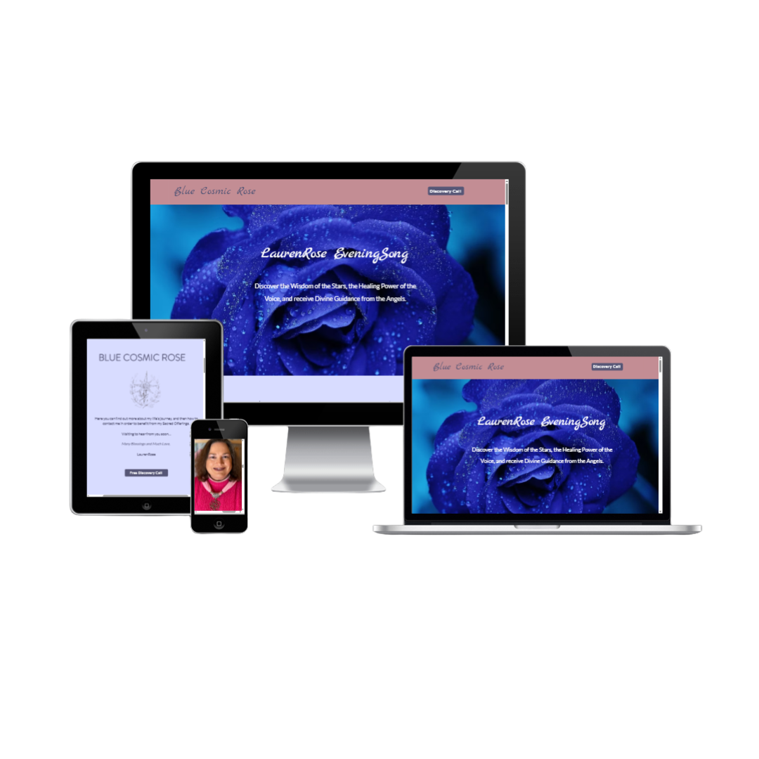 A website design showcased on various devices including a desktop, laptop, tablet, and smartphone. The website has a theme featuring a blue rose with the title "LaurenRose EveningSong" and an invitation to discover wisdom and divine guidance. The tablet displays more text titled "Blue Cosmic Rose," and the smartphone shows a portrait of a woman.